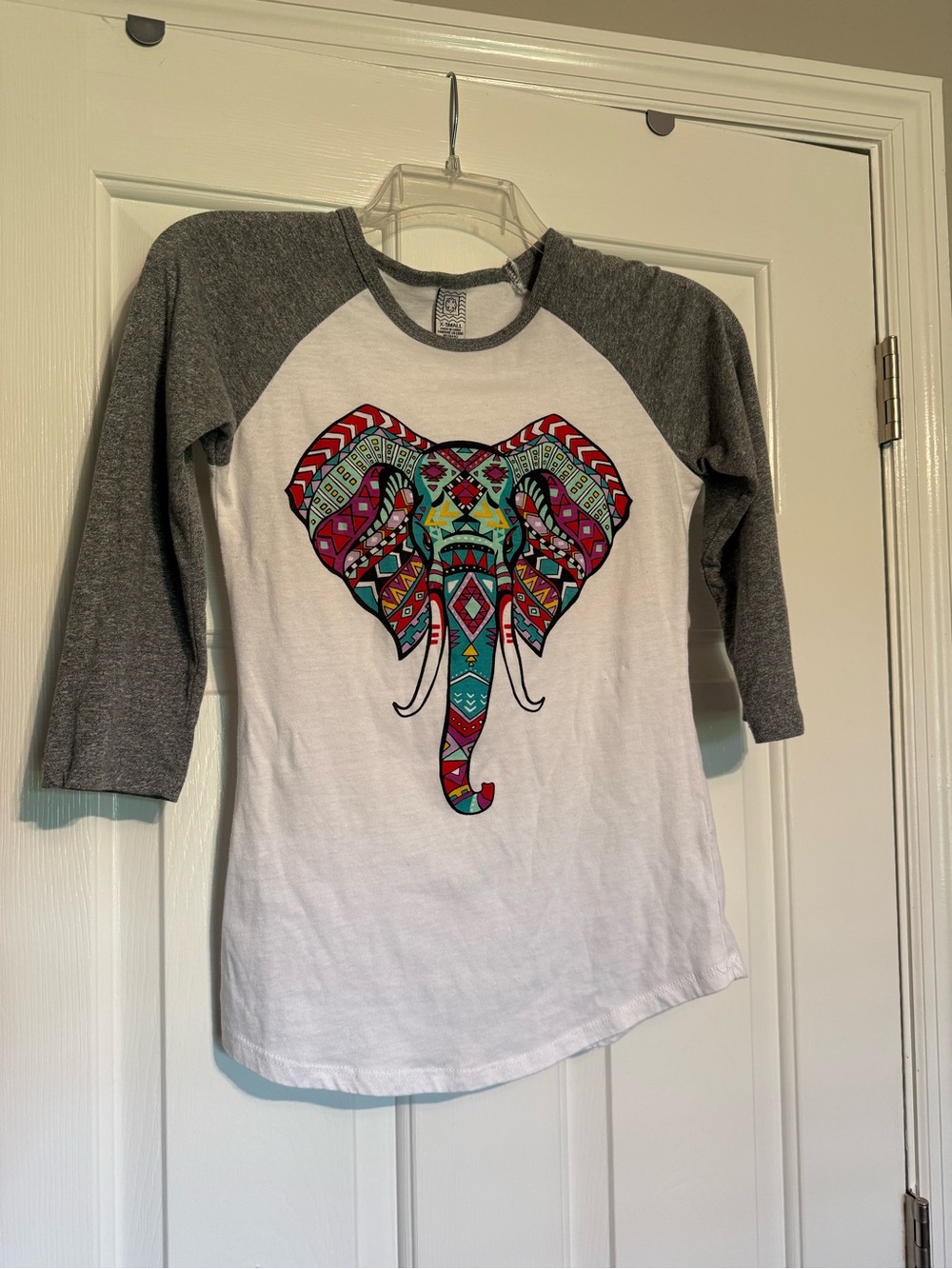 Grey & White Raglan Tee with Colorful Elephant Graphic